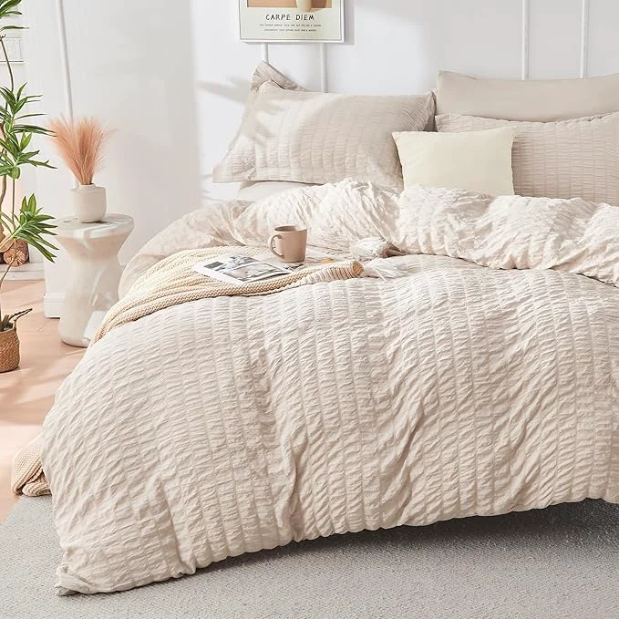 Exclusive HYMOKEGE Beige Twin Size Duvet Cover Ultra Soft 2-Piece Seersucker Duvet Cover Set with Zipper Closure Soft Brushed Microfiber Bedding Set with 8 Corner Ties 68 quot x90 quot 1 Pillowshams Fashionable