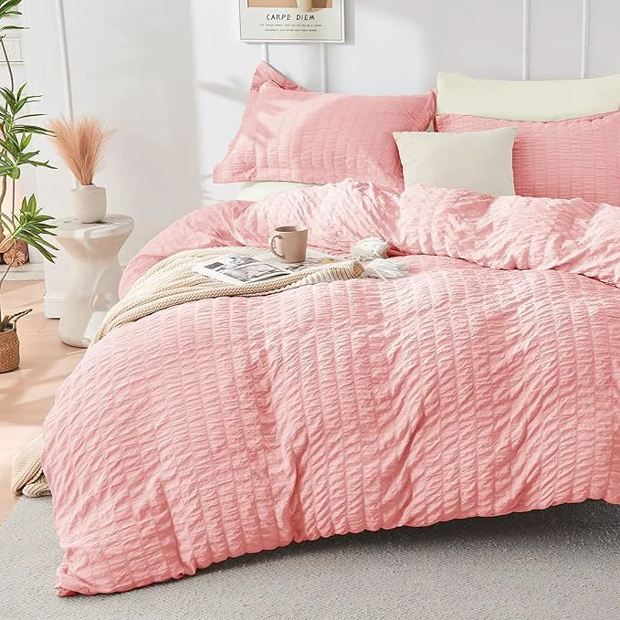 Traditional HYMOKEGE Pink Ivory Duvet Cover King Size Ultra Soft 3-Piece Seersucker Duvet Cover Set with Zipper Closure Soft Brushed Microfiber Bedding Set with 8 Corner Ties 104 quot x90 quot 2 Pillowshams Verified