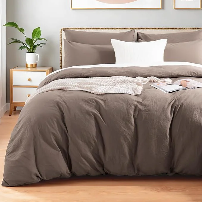 Modern NEXHOME PRO Washed Cotton Duvet Cover Full Size Ogranic Natural Linen Feel Breathable Bedding Set with Zipper Closure 3 Pieces Duvet Cover Set Chocolate No Comfortert 8090 Sustainable