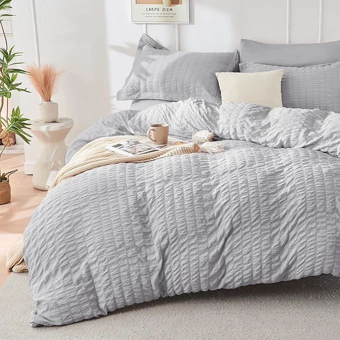 Selected HYMOKEGE Light Grey Duvet Cover King Size Ultra Soft 3-Piece Seersucker Duvet Cover Set with Zipper Closure Soft Brushed Microfiber Bedding Set with 8 Corner Ties 104 quot x90 quot 2 Pillowshams Stylish