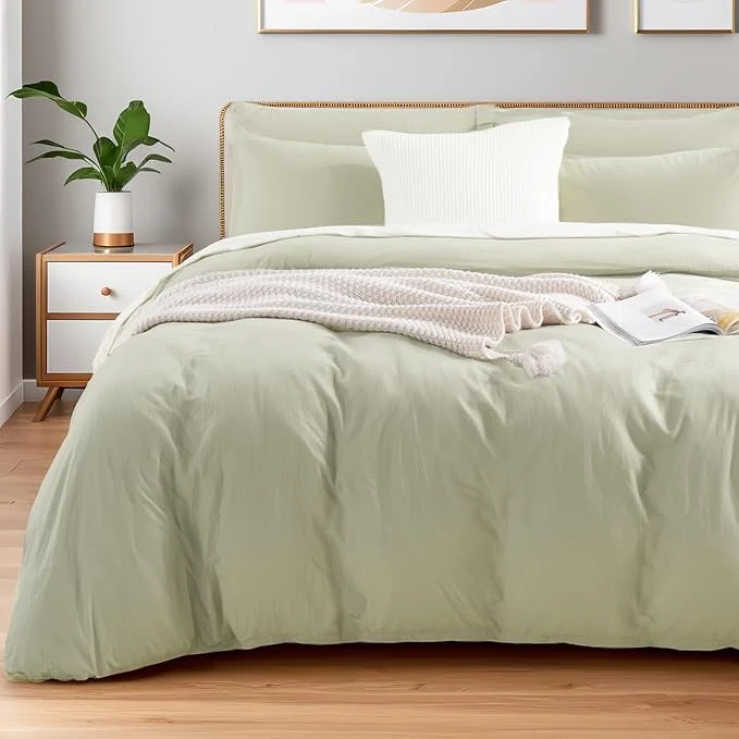 Crafted NEXHOME PRO Duvet Cover Set Oversized Queen 98 quot x98 quot Linen Feel Textured Organic Natural Washed Cotton Duvet Cover 3 Pieces Bedding Set Zipper Closure Breathable Mint Green No Comforter Refined