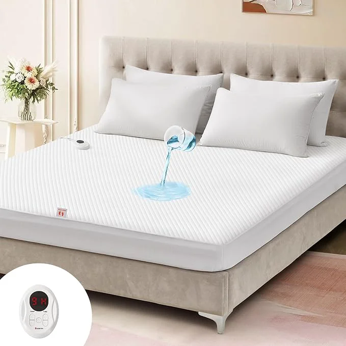 Smart Bwarm Waterproof Heated Mattress Pad ETL Bed Warmer with 9 Heat Settings 1-12 Hours Auto Off Deep Pocket Machine Washable White Twin Minimalist