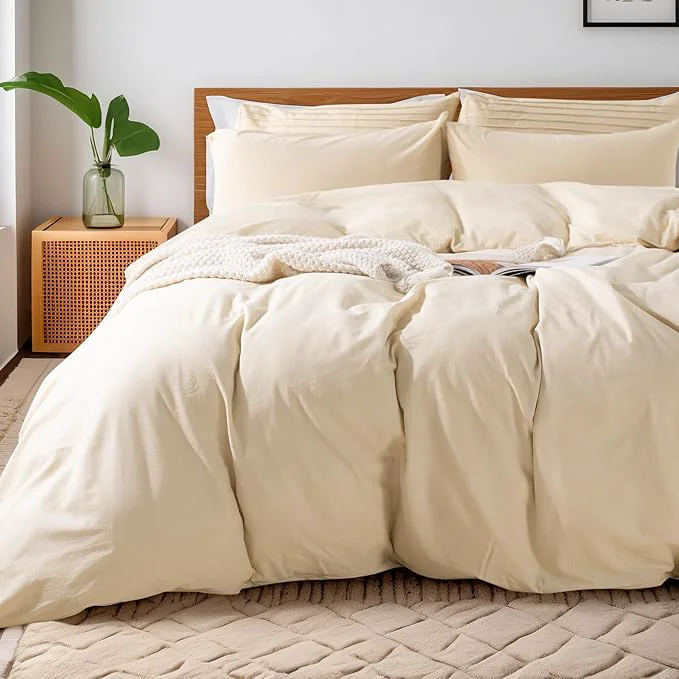 Smart NEXHOME PRO Duvet Cover Set Washed Cotton Oversized King 120 quot x98 quot Linen Feel Textured Organic Natural 3 Pieces Bedding Set with Zipper Closure Breathable and Soft No Comforter Elite