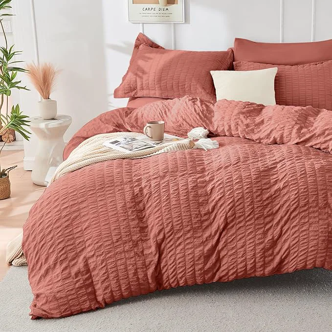 Eco-Friendly HYMOKEGE Coral Red Duvet Cover Queen Size Ultra Soft 3-Piece Seersucker Duvet Cover Set with Zipper Closure Soft Brushed Microfiber Bedding Set with 8 Corner Ties 90 quot x90 quot 2 Pillowshams Sustainable