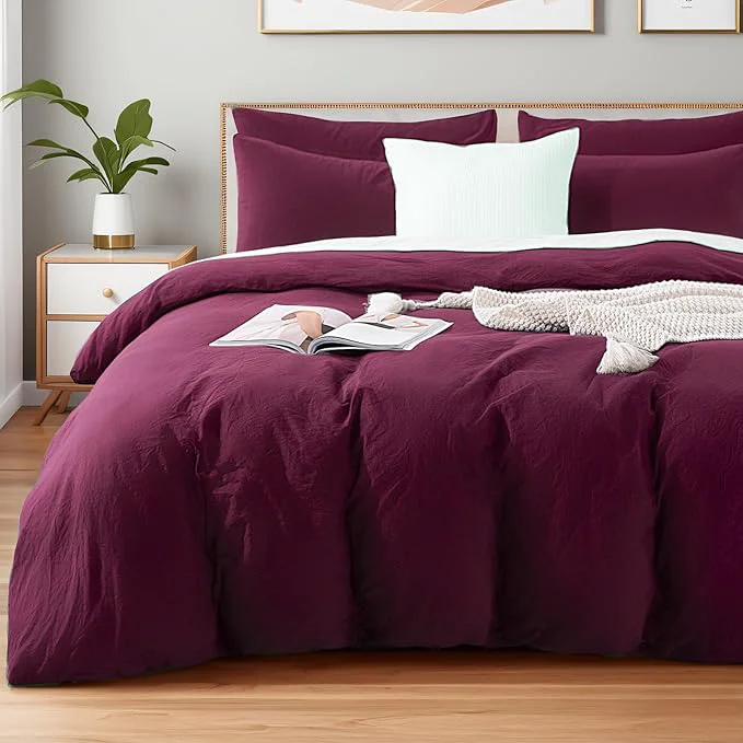 Relaxed NEXHOME PRO Washed Cotton Duvet Cover Full Size Ogranic Natural Linen Feel Breathable Bedding Set with Zipper Closure 3 Pieces Duvet Cover Set Wine No Comfortert 8090 Excellent