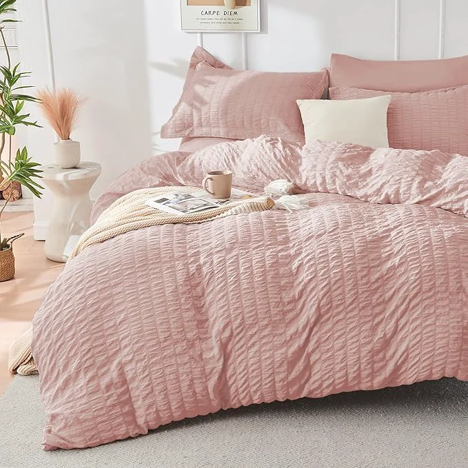 Smooth HYMOKEGE Rose Gold Duvet Cover Queen Size Ultra Soft 3-Piece Seersucker Duvet Cover Set with Zipper Closure Soft Brushed Microfiber Bedding Set with 8 Corner Ties 90 quot x90 quot 2 Pillowshams High-Performance