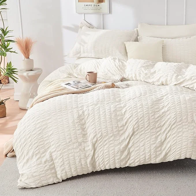 Green HYMOKEGE Ivory Duvet Cover Full Size Ultra Soft 3-Piece Seersucker Duvet Cover Set with Zipper Closure Soft Brushed Microfiber Bedding Set with 8 Corner Ties 80 quot x90 quot 2 Pillowshams Stylish