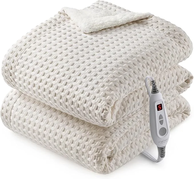 Unique CAROMIO Heated Blanket Throw Waffle Weave Electric Throw Blanket Fast Heating with LCD Controller 6 Heat Levels amp 4 Hour Auto Shut Off ETL Machine Washable Beige 50 quot x 60 quot Professional