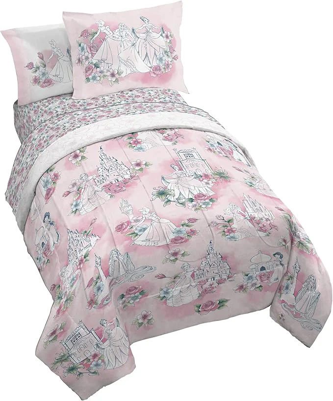 Trendy Jay Franco Kids Comforter Set Includes Sheets and Pillow Covers - Soft and Cozy Bed Set for Stylish Room Decor Pink - Disney Princess 5 Piece Twin Bedding Pure
