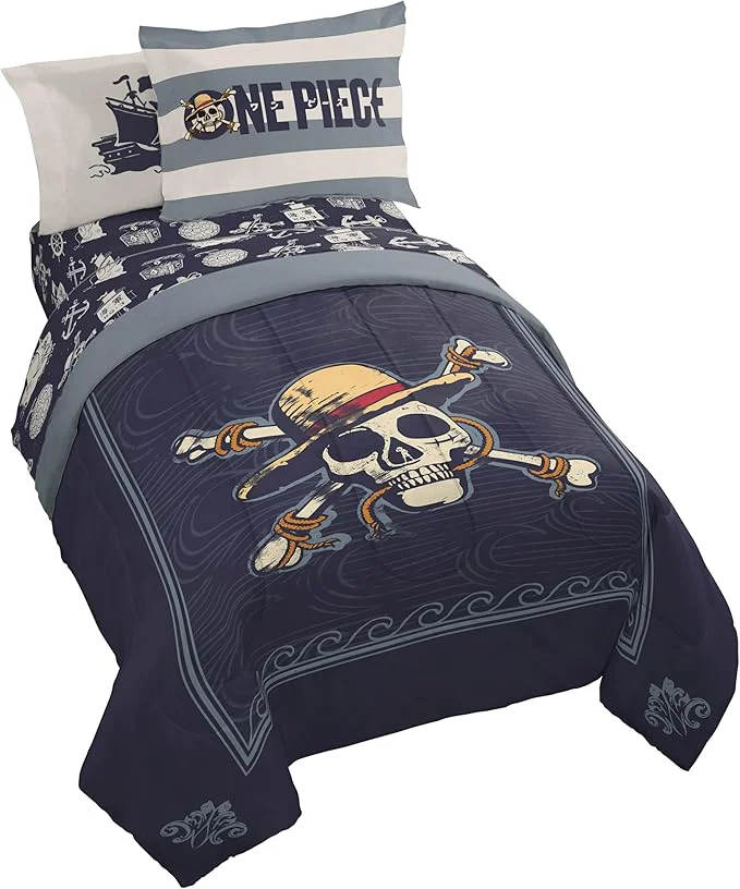 Minimalist Jay Franco One Piece Twin Size Comforter Set - 5 Piece Blue Bedding Includes Sheet Set amp Pillow Covers - Super Soft Anime Bedding with Skull and Bones Trendy
