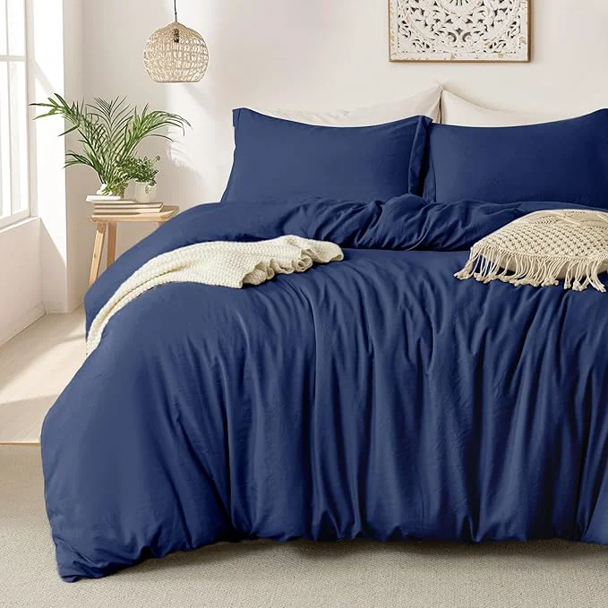 Proven MILDLY Super Soft Duvet Cover - Washed Microfiber Navy Blue Comforter Cover Set 3 Pieces with Zipper Closure amp Corner Ties No Comforter Optimized
