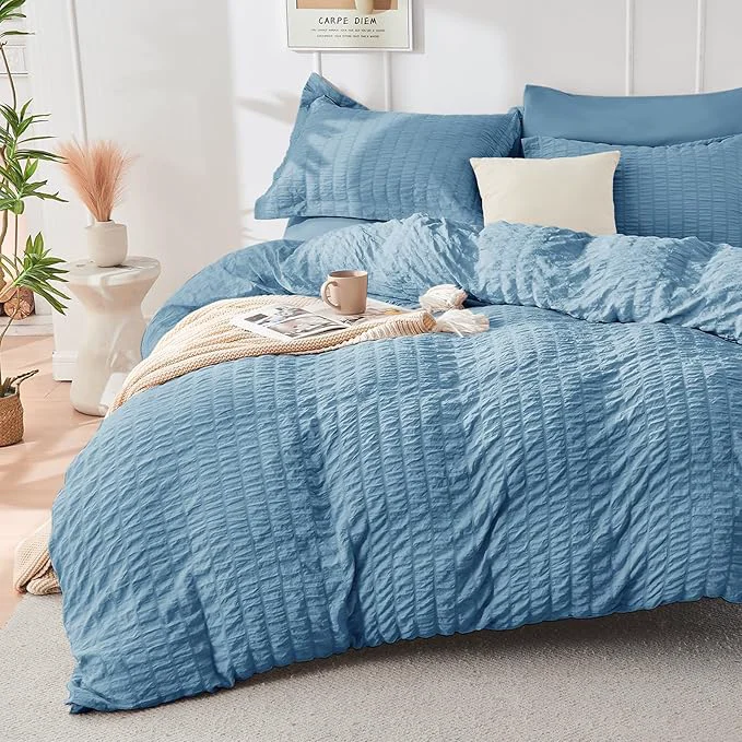 Modern HYMOKEGE Mineral Blue Duvet Cover Full Size Ultra Soft 3-Piece Seersucker Duvet Cover Set with Zipper Closure Soft Brushed Microfiber Bedding Set with 8 Corner Ties 80 quot x90 quot 2 Pillowshams Flexible