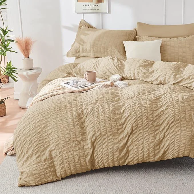 Enhanced HYMOKEGE Khaki Duvet Cover Full Size Ultra Soft 3-Piece Seersucker Duvet Cover Set with Zipper Closure Soft Brushed Microfiber Bedding Set with 8 Corner Ties 80 quot x90 quot 2 Pillowshams Outstanding