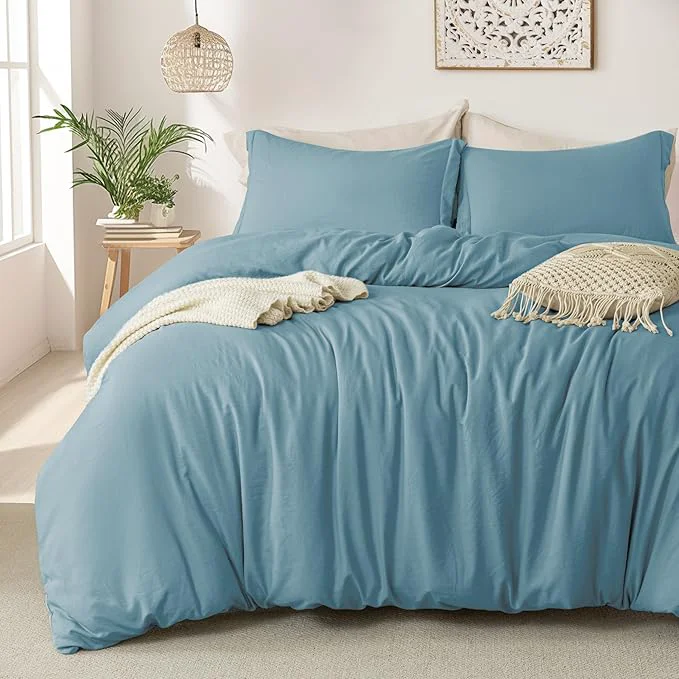 Trusted MILDLY Super Soft Duvet Cover - Washed Microfiber Grayish Blue Comforter Cover Set 3 Pieces with Zipper Closure amp Corner Ties No Comforter Sustainable