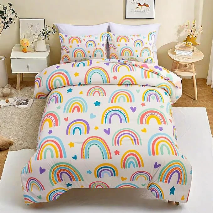 Sophisticated Btargot 3 Piece Kids Rainbow Comforter Set with 2 Pillow Covers Cartoon Love Hearts Suns and Stars Bedding Set for Girls Boys Kids Twin Beige Healthy