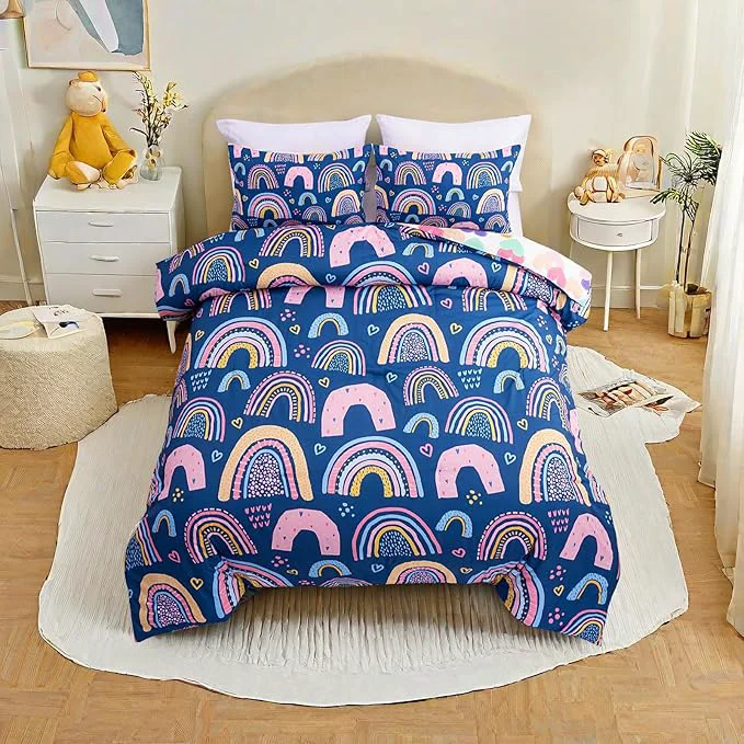 Long-Lasting Btargot Lightweight Soft 3 Piece Rainbow Comforter Set with 2 Pillow Covers Cartoon Love Hearts Suns and Stars Bedding Set for Girls Boys Kids Queen Dark Blue High-Performance