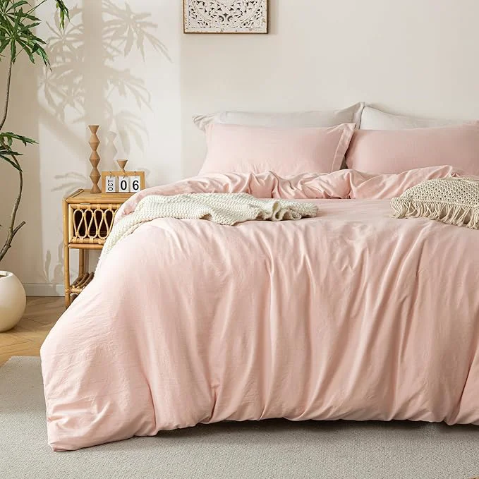 Eco-Friendly MILDLY Super Soft Duvet Cover - Washed Microfiber Pink Comforter Cover Set 3 Pieces with Zipper Closure amp Corner Ties No Comforter Optimized