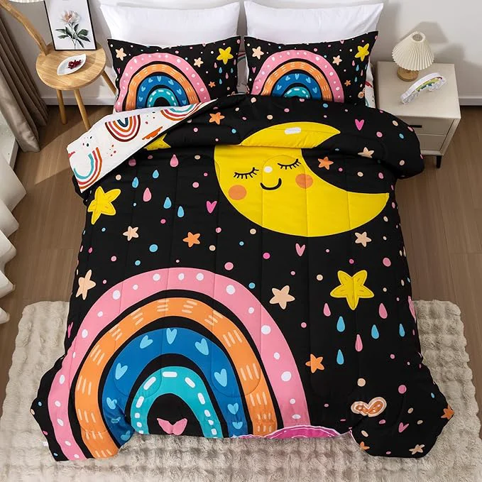 Solid Btargot Lightweight Soft 3 Piece Rainbow Comforter Set with 2 Pillow Covers Cartoon Love Hearts Flowers and Sun Moon Star Bedding Set for Girls Boys Kids Twin Black Fast