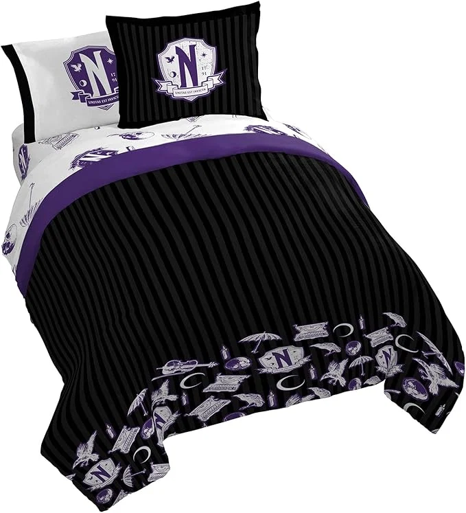 High-End Jay Franco Wednesday Addams Queen Comforter Set - 7 Piece Bedding Includes Sheet Set amp Pillow Covers - Black and Grey Stripes Super Soft Kids Bedding Crafted