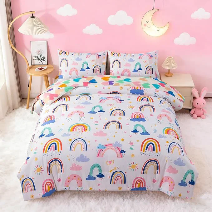 Selected Btargot Lightweight Soft 3 Piece Rainbow Comforter Set with 2 Pillow Covers Cartoon Leaves Flowers and Sun Star Bedding Set for Girls Boys Kids Full White Clean