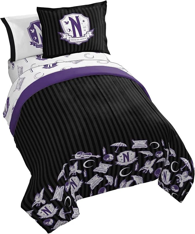 Casual Jay Franco Wednesday Addams Full Comforter Set - 7 Piece Bedding Includes Sheet Set amp Pillow Covers - Black and Grey Stripes Super Soft Kids Bedding Eco-Friendly