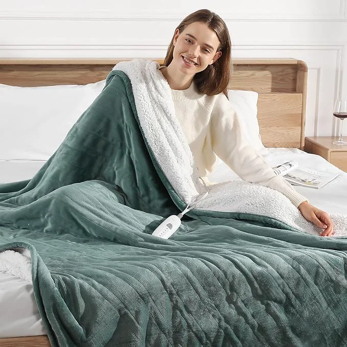 Environmentally Friendly Electric Throw Blanket Green Heated Blanket 50X60in Ultra Soft Silky Flannel and Fluffy Sherpa Heating Blanket with 5 Heat Levels amp 4 Hrs Timer ETL amp Overheat Protection Gifts for Grandma Trusted