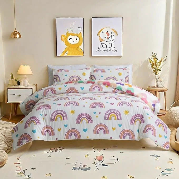 Advanced Btargot Lightweight Soft 3 Piece Rainbow Comforter Set with 2 Pillow Covers Cartoon Love Hearts Suns and Stars Bedding Set for Girls Boys Kids Full Purple Effective