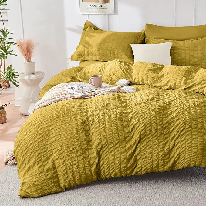 Recyclable HYMOKEGE Mustard Yellow Duvet Cover Full Size Ultra Soft 3-Piece Seersucker Duvet Cover Set with Zipper Closure Soft Brushed Microfiber Bedding Set with 8 Corner Ties 80 quot x90 quot 2 Pillowshams Healthy