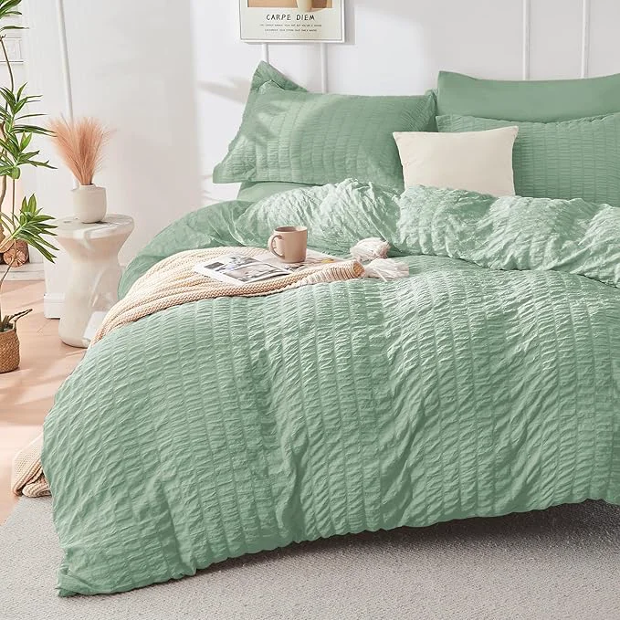 Minimalist HYMOKEGE Sage Green Duvet Cover King Size Ultra Soft 3-Piece Seersucker Duvet Cover Set with Zipper Closure Soft Brushed Microfiber Bedding Set with 8 Corner Ties 104 quot x90 quot 2 Pillowshams Natural