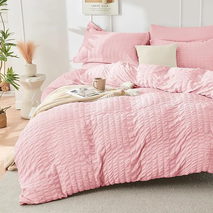 Smart HYMOKEGE Pink Duvet Cover King Size Ultra Soft 3-Piece Seersucker Duvet Cover Set with Zipper Closure Soft Brushed Microfiber Bedding Set with 8 Corner Ties 104 quot x90 quot 2 Pillowshams Clean