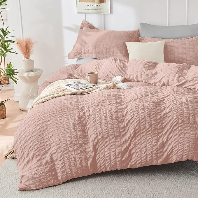 Smart HYMOKEGE Rose Gold Light Grey Duvet Cover Queen Size Ultra Soft 3-Piece Seersucker Duvet Cover Set with Zipper Closure Soft Brushed Microfiber Bedding Set with 8 Corner Ties 90 quot x90 quot 2 Pillowshams First-Class