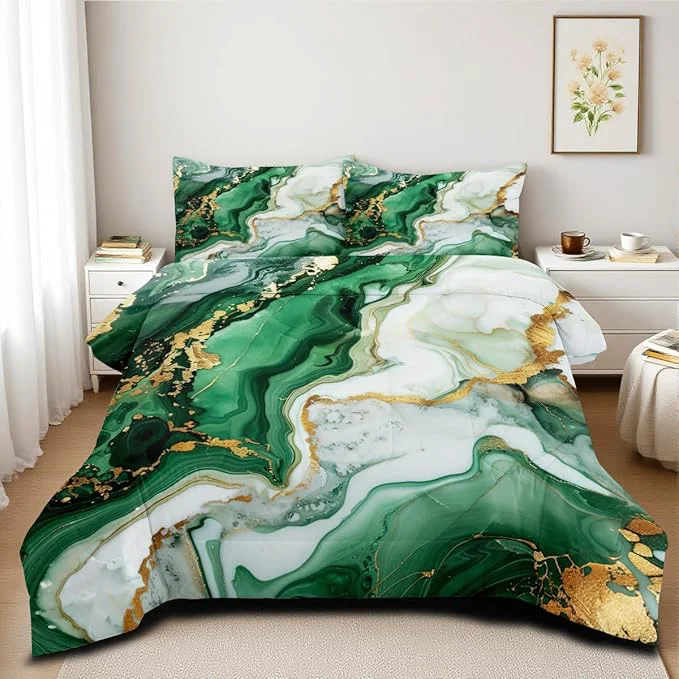 Versatile Green Marble Comforter Set King Size Emerald Green Marble Print Bedding Set Green White Gold Watercolor Fluid Luxury Bedding Decor Abstract Comforter with 2 Pillowcases High-Grade