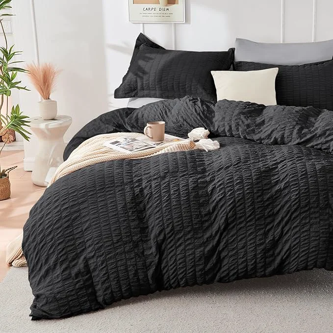 Durable HYMOKEGE Black Light Grey Duvet Cover King Size Ultra Soft 3-Piece Seersucker Duvet Cover Set with Zipper Closure Soft Brushed Microfiber Bedding Set with 8 Corner Ties 104 quot x90 quot 2 Pillowshams First-Class