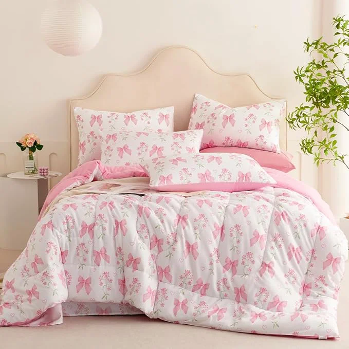 Breathable Pink Bow Comforter Set Twin Size Pink Floral Comforter for Girls Kids Romantic Princess Style Bowknot Bedding Set Ultra Soft Reversible Garden Flower Comforter Sets with 1 Pillowcase 2Pcs High-Performance