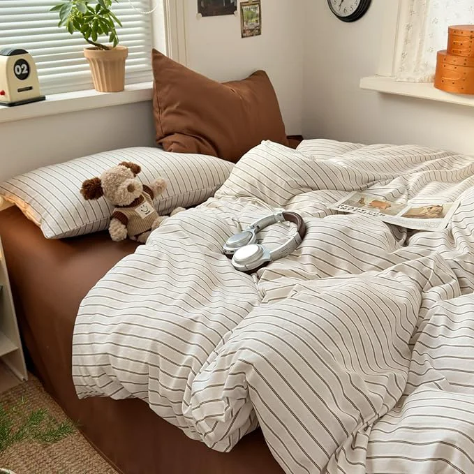 Consistent Striped Comforter Set Queen 3 Pieces Beige Stripes Bedding Set Beige Khaki Brown Striped Design Microfiber Super Soft Lightweight Comforter with 2 Pillowcases All Season Eco-Friendly