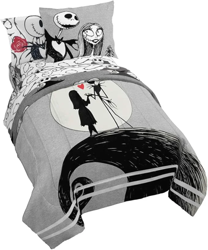 Organic Jay Franco Disney Nightmare Before Christmas Moonlight 5 Piece Twin Bed Set - Includes Reversible Comforter amp Sheet Set - Features Jack Skellington and Sally - Super Soft Microfiber Practical