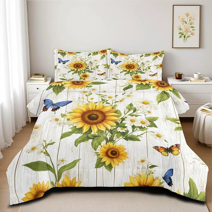 Powerful Farmhouse Sunflower Comforter Set Queen White Daisy Bedding Set for Girls Boys Kids Gardern Rustic Botanical Flower Comforter Flowers Butterfly Bedding Soft Lightweight Comforter Sets Refined