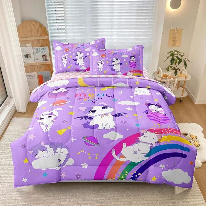 Unique Kids Bedding 5-Piece Cat Comforter Sets Twin Size Purple Bedding Set for Teens Kids Girls Bed in a Bag Cute Room Decor Premium