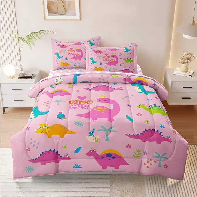 Next-Generation Girls Dinosaur Bedding Twin Green Pink Dinosaur Comforter Set Cute Cartoon Down Comforter for Little Girls Teens Kids Adults Room Decor Reversible Bed-in-a-Bag 5-Piece Bed Sets Artisan