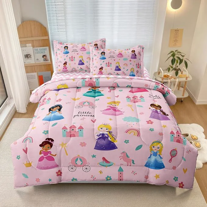 Breathable Kids al Princess Comforter Set Bed in a Bag Twin Size- 5 Piece Soft Cute Castle Bedding Set for Girls 1 Comforter 1 Flat Sheet 1 Fitted Sheet 2 Pillowcases Pink Outstanding