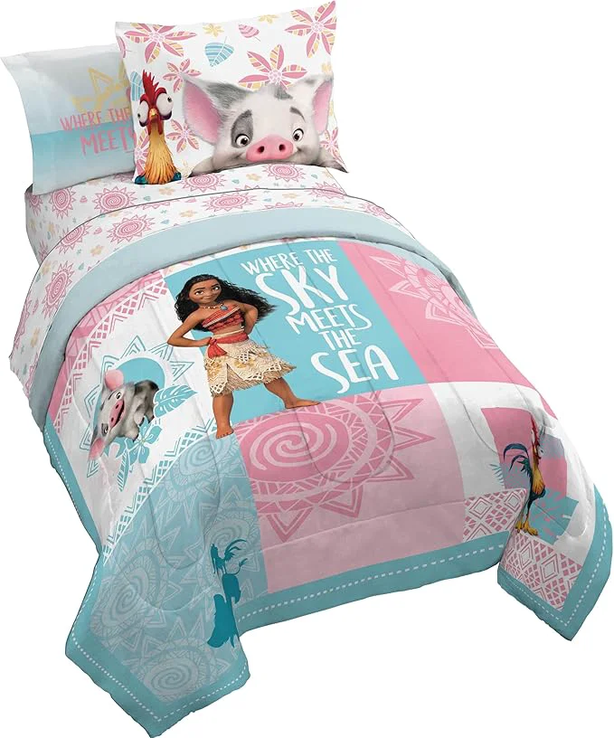 Dependable Jay Franco Disney Moana Twin Comforter Set â€ Tropical Patchwork 5 Piece Bedding Features Pua and HEI HEI - Includes Sheet Set amp Pillow Covers - Super Soft Kids Microfiber Bed Set Premium