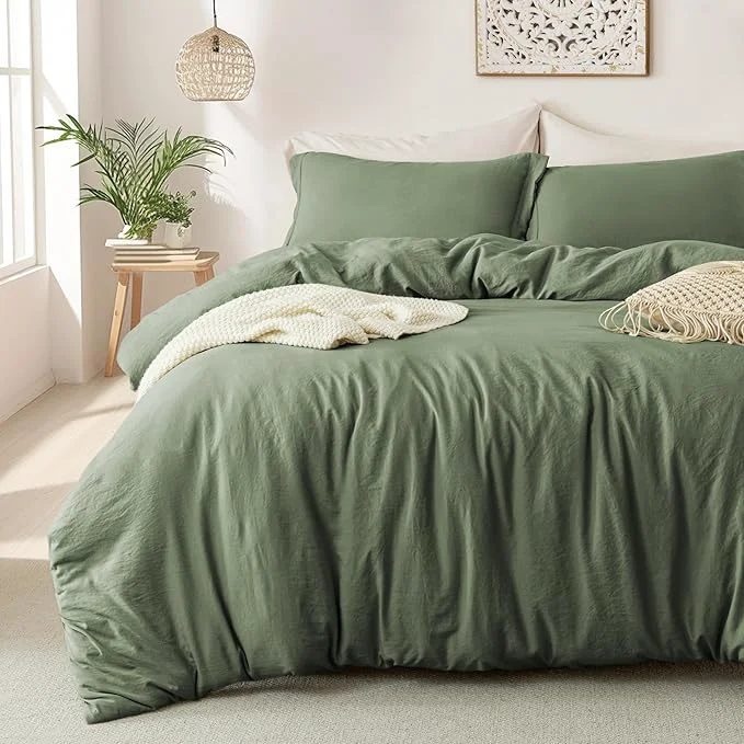Sustainable MILDLY Super Soft Duvet Cover - Washed Microfiber Olive Green Comforter Cover Set 3 Pieces with Zipper Closure amp Corner Ties No Comforter Smooth