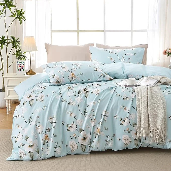 Official MUXHOMO Duvet Cover Queen Size Reversible Floral Vintage Duvet Cover Set with Zipper Closure 3 Pieces Botanical Patterns Soft Microfiber Bedding Set 90 quot x90 quot 2 Pillow Cases Ceiba Blue Original