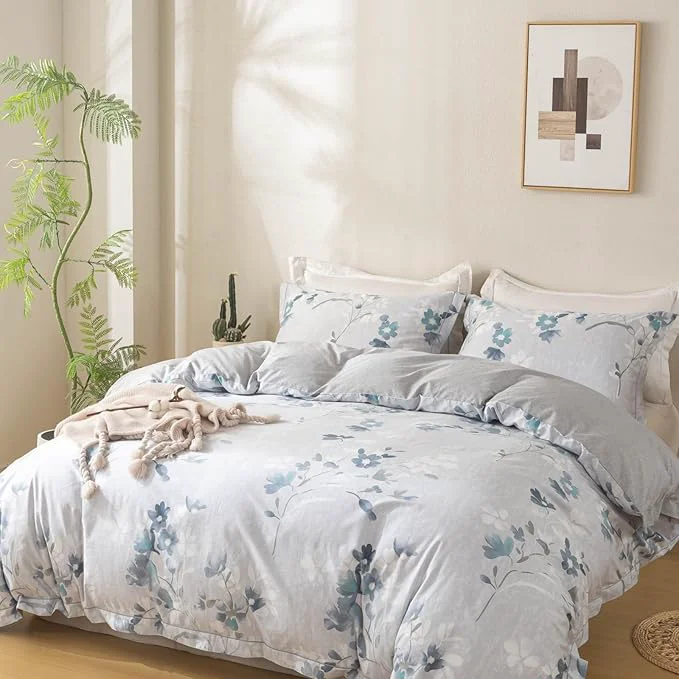Refined OAITE Duvet Cover Set King Size Floral Pattern Ultra Soft Cotton Duvet Cover Sets 3-PC Breathable Duvet Cover with Zipper Closure amp Corner Ties 2 Pillow Shams 1 Duvet Cover Premium Material