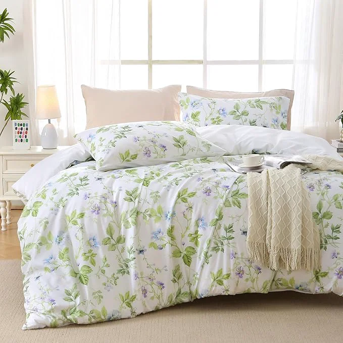 Elegant MUXHOMO Duvet Cover Queen Size Reversible Floral Vintage Duvet Cover Set with Zipper Closure 3 Pieces Botanical Patterns Soft Microfiber Bedding Set 90 quot x90 quot 2 Pillow Cases Green Branch Smart