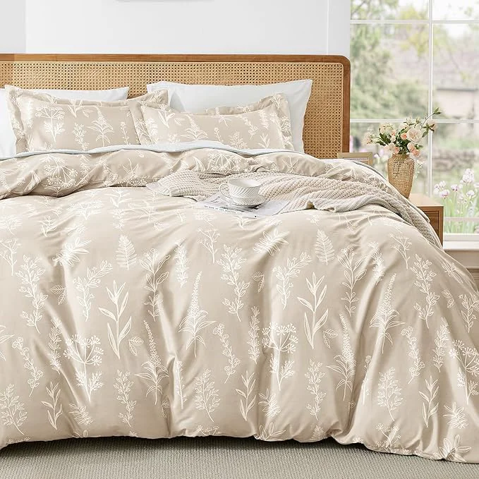 Breathable MUXHOMO Duvet Cover Queen Size Reversible Floral Beige Duvet Cover Set with Zipper Closure 3 Pieces Botanical Patterns Soft Microfiber Bedding Set with 4 Ties 90 quot x90 quot 2 Pillow Cases World-Class