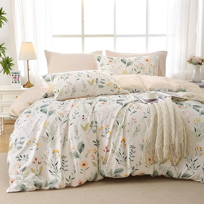 Functional MUXHOMO Duvet Cover King Size Reversible Floral Vintage Cover Set with Zipper Closure 3 Pieces Botanical Patterns Soft Microfiber Bedding Set 90 quot x104 quot 2 Pillow Cases 20 quot ×36 quot Garden Leaves Beige Easy-to-Use