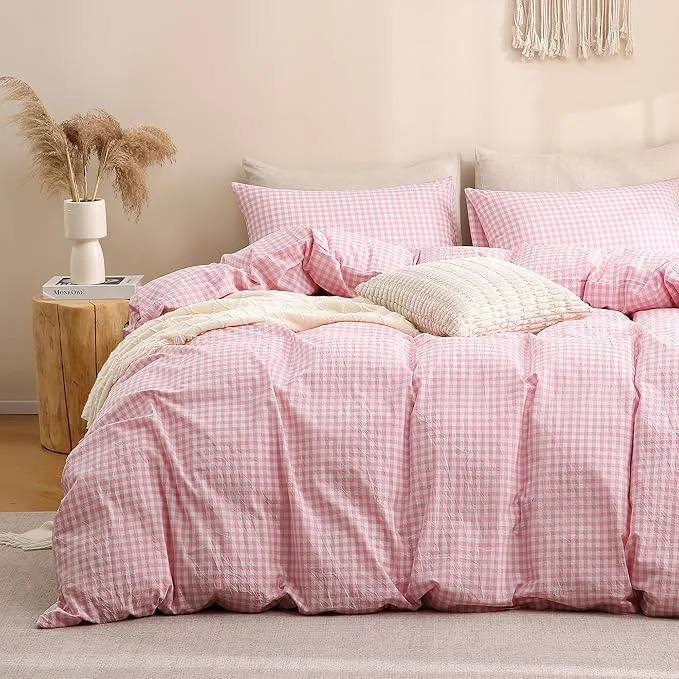 World-Class TOCOMOA Pink Gingham Duvet Cover Bedding Set Washed Cotton Like Linen Feel Super Soft Comfortable 3 Piece Cute Plaid Checkered Comforter Cover Set Queen 90 quot x90 quot Comforter Not Included Luxury