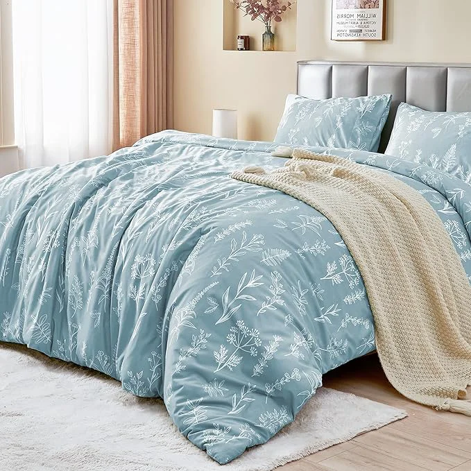 Convenient MUXHOMO Duvet Cover Full Size Reversible Floral Mineral Blue Duvet Cover Set with Zipper Closure 3 Pieces Botanical Patterns Soft Microfiber Bedding Set with 4 Ties 80 quot x90 quot 2 Pillow Cases Eco-Friendly