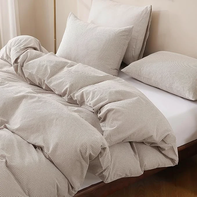 Carefully Designed TOCOMOA Mini Gingham Tan Duvet Cover Bedding Set Washed Cotton Like Linen Feel Super Soft Comfy 3 Piece Brown Small Plaid Checkered Comforter Cover Set Queen 90 quot x90 quot Comforter Not Included Fine